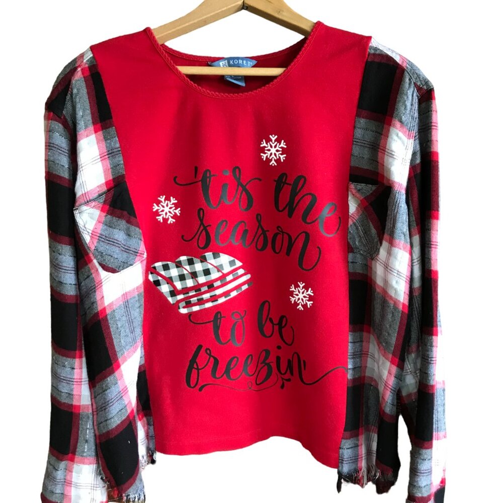 Upcycled Flannel Shirt Oversized Plaid Winter Graphic Sweatshirt, Size S-M